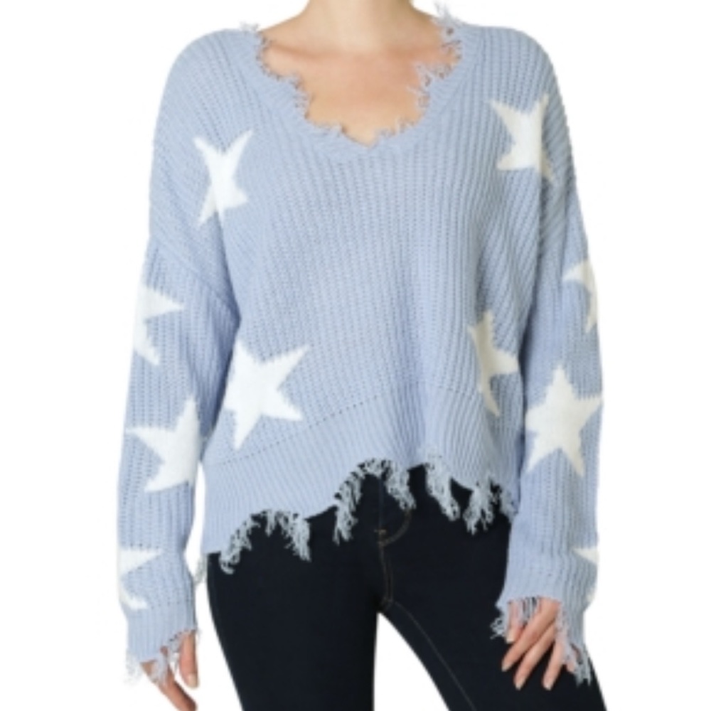 Polly & Esther Destructed Star Sweater In Blue With Stars Sz L V-Neck